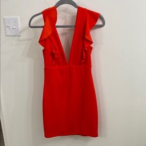 Anna Grace Red Bodycon Mini Dress with Flutter Sleeves and Plunge Neckline